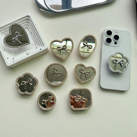 CUTECASEリボン付鏡スマホグリップ キラキラ 綺麗 粘着タイプ ジュエリーデコ 便利 おしゃれ 可愛い ギフトに最適CM5409