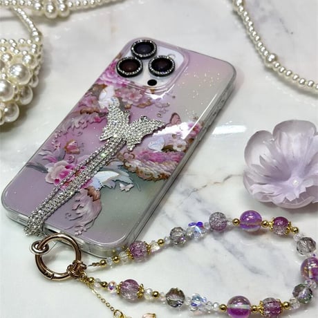 CUTECASEフリンジ付蝶 iPhone16/16proケース ダイヤデコ エレガント iPhone15pro/14/13proカバー 可愛いストラップ おしゃれ CM5414