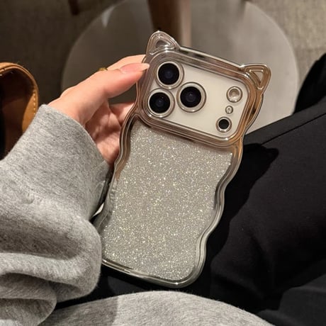 CUTECASE 猫の耳iPhone17Promaxケースラメ入りシール付き アイフォン16/15pro/14/13カバー オシャレ 可愛いうねうね メッキ CM2403