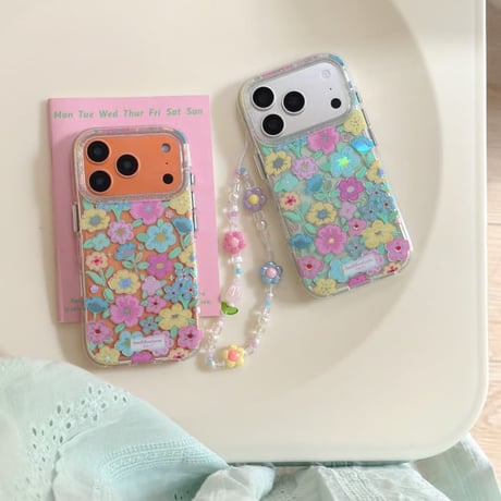 CUTECASE カラー花 iPhone17pro/17ケース キラキラ感 iPhone16promax/15proケース 花ストラップ 女子力高いCM6214