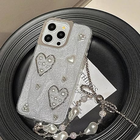 CUTECASEガールズに人気 iPhone15pro/15ケース パール/ハート ストラップ付 アイフォン14pro/13/12カバー 女子力高い トレンドCM4391
