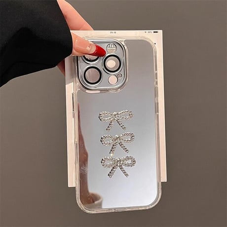 CUTECASEジュエリーリボン iPhone16pro/16カバー ミラー付 iPhone15promax/14/13ケース ダイヤストラップ 豪華 カメラ保護 ギフトにおすすめ CM5439
