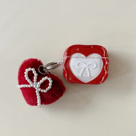 CUTECASE ハート形とリボン柄 AirPods Pro 3ケース ワインレッド 毛玉キーホルダー Airpods 4/3ケース AirpodsPro2カバー パール 女子力アップCM5997