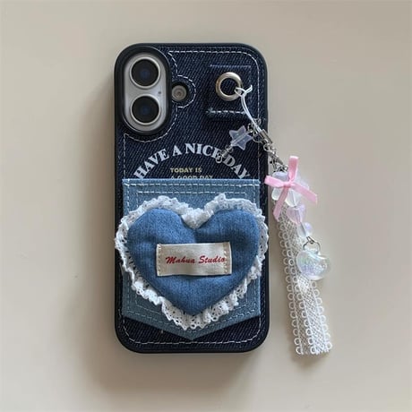 CUTECASEカート収納 iPhone16/16Proケース デニム レースハート iPhone15Promax/14/13カバー ストラップ付 耐衝撃 女子力高いCM4812