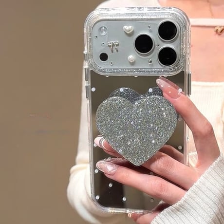 CUTECASE水玉模様ミラー iPhone17pro/17ケース ラメ入りハートグリップ iPhone16/15pro/14ケース 女子力高いCM6118