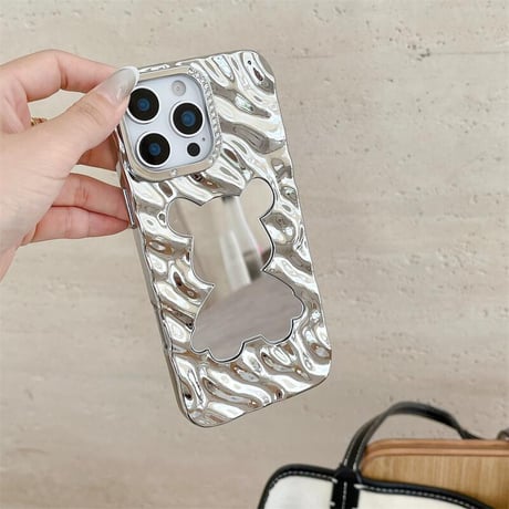 CUTECASE熊ミラー iPhone16pro/16カバー 艶感 iPhone15promax/14/13ケース ストーン シック おしゃれ CM5497