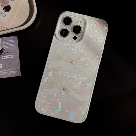 CUTECASE シェル風 iPhone15/15proケース リボン柄 立体パール iPhone14/13pro/12ケース かわいい きれい 女子力UP CM4003