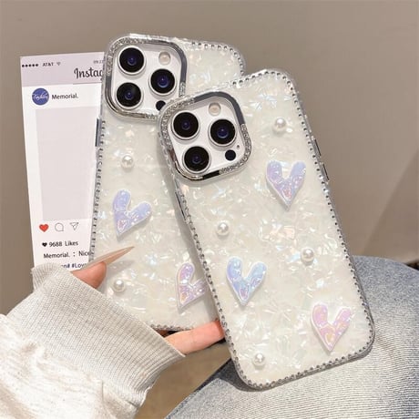 CUTECASE ハートデコ iPhone16pro/16カバー シェル柄 iPhone15pro/14promax/13ケース パール/ジュエリーデコ 上品 大人可愛い CM5314