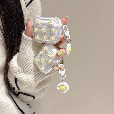 CUTECASE草花 Airpods 4ケース ラメ入り 透明 Airpods3/2カバー Airpodspro2/pro 花キーホルダー付き 女子力高いCM5038