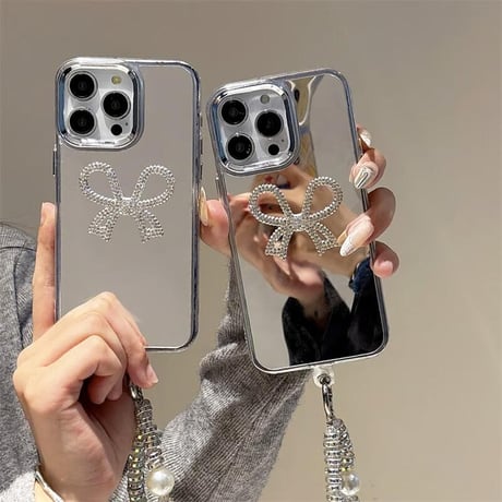 CUTECASEミラー iPhone16e/16proケース ジュエリーリボン iPhone15pro/14/SEカバー 可愛いパールストラップ 高級感CM5220