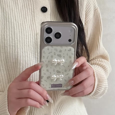 CUTECASE 淡色系 iPhone17Pro/17ケース リボンデコ 草花柄 iPhone17ProMax/16Pro/15カバー キュート ガーリーファッション 韓国っぽCM6083