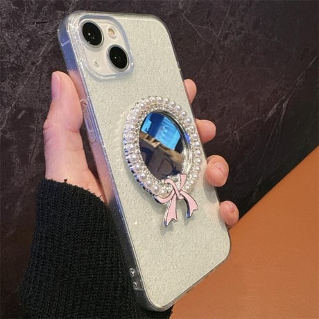 CUTECASE パール鏡付 iPhone15pro/15promaxケース キラキララメ入り iPhone14pro/13promaxケース 黄ばまない 可愛い C4264