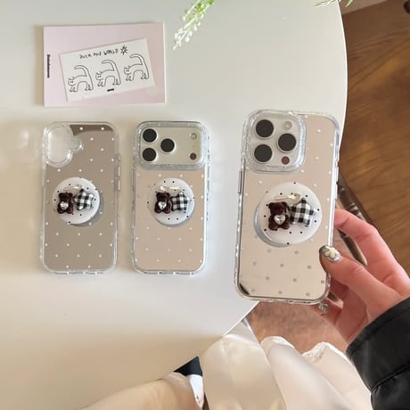 CUTECASE水玉模様ミラー iPhone17pro/17ケース 熊グリップ iPhone16/15promax/14ケース かわいい 多機能便利CM6352