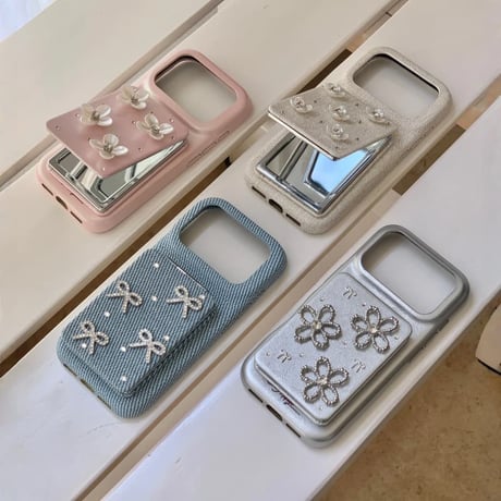 CUTECASE スタンド付ミラー iPhone17/17Proケース リボン/花デコ レザー iPhone17ProMax/16/15/14カバー 高品質 頑丈 上品 オシャレCM6229