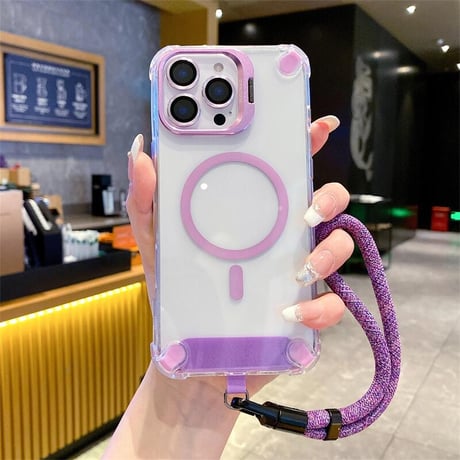 CUTECASEストラップ付 iPhone16pro/17ケース Magsafe充電 スタンド付 iphone15pro/14pro/13カバー 透明 耐衝撃 CM5449