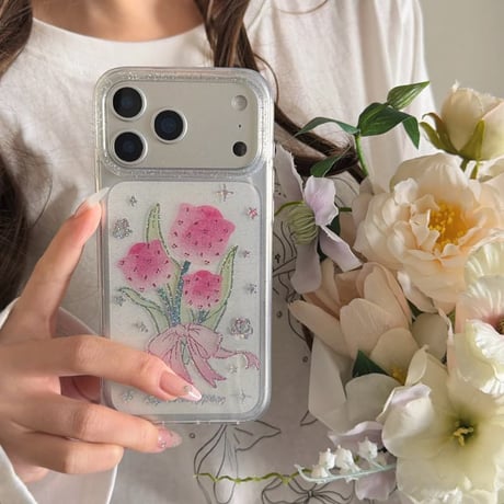 CUTECASE キラキラピンク花iPhone17Promaxケース 透明感 iPhone16promax/15pro/14ケース 女子力高い 可愛いCM6188