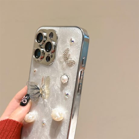 CUTECASEパール/ジュエリー蝶々 iPhone16Pro/16ケース リボンストラップ付 iPhone15Pro/14/13proカバー 華やか 上品 高品質 CM5181