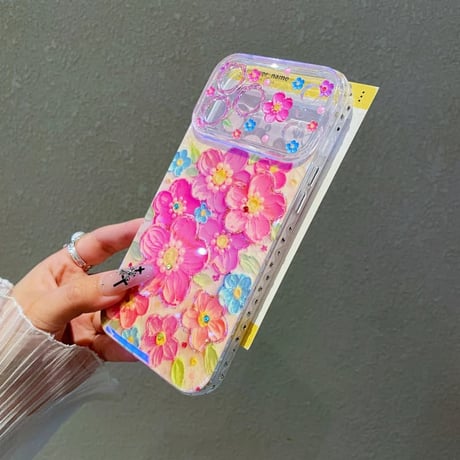CUTECASE 油絵花 iPhone17Promaxケースストーンライン iPhone16Pro/15/14ケース 光沢感 可愛い 美しいCM6207