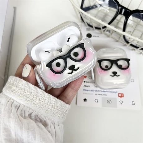 CUTECASEメガネ掛け熊 Airpods4ケース かわいい AirpodsPro2ケース airpods3/2カバー リング付 ギフトにおすすめ CM5315