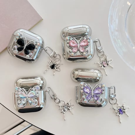 CUTECASE ダイヤ蝶 AirpodsPro3ケース メッキ Airpods3/pro2カバー 可愛い キーホルダー付 おしゃれCM6396
