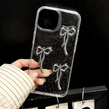 CUTECASEメタルリボン iPhone16/16Proケース キラキラ 透明 iPhone14Pro/13/12ケース ラメ入り 黄ばまない CM4633