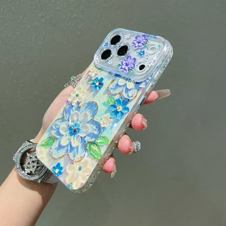 CUTECASE 油絵花 iPhone17Pro/17ケース ダイヤデコライン iPhone17Promax/16Pro/15ケース かわいい 春夏向けCM6155