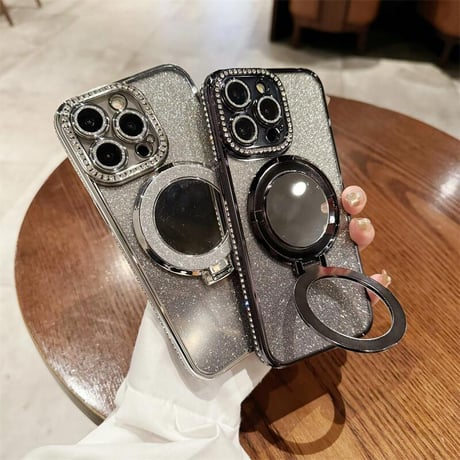 CUTECASE鏡付Magsafeリングスタンド iPhone16/15Proケース ストーン iPhone14/13Proカバー 綺麗 多機能 コスパ最強CM3769