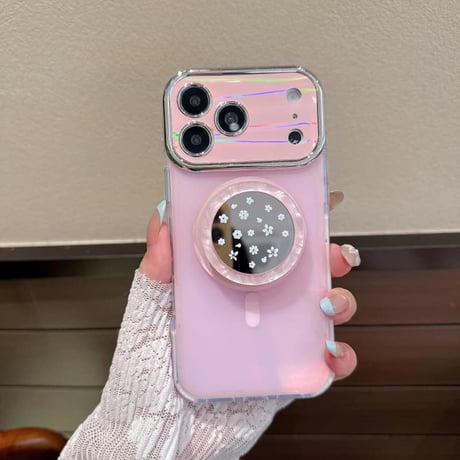 CUTECASE 花柄ミラーグリップ iPhone17Promaxケース MagSafe対応 iPhone17Pro/16Promax/15pro/14ProMaxケース 光る カメラ保護CM6410