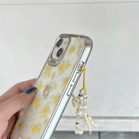 CUTECASE黄色薔薇柄 iPhone15/15proケース ストラップ付 iPhone14/13pro/12promaxケース かわいい きれいCM4471