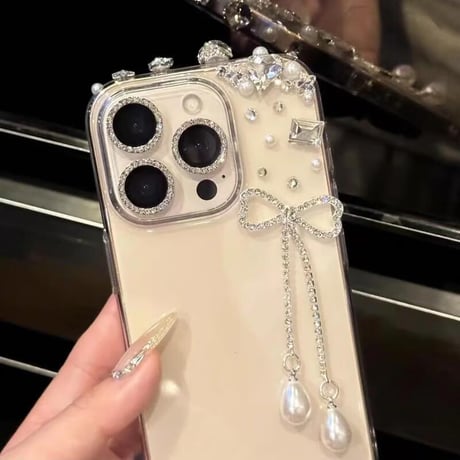 CUTECASEハンドメイド iPhone16pro/16ケース ダイヤ ジュエリーリボンフリンジ iPhone14/13pro/12カバー 大人可愛い シックCM5203