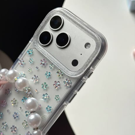 CUTECASE キラキラ花 iPhone17pro/17ケース ラメ入り iPhone16/15proケース 可愛いパールストラップ 女子力高いCM6160
