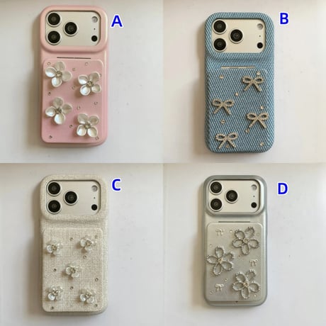 CUTECASE スタンド付ミラー iPhone17/17Proケース リボン/花デコ レザー iPhone17ProMax/16/15/14カバー 高品質 頑丈 上品 オシャレCM6229