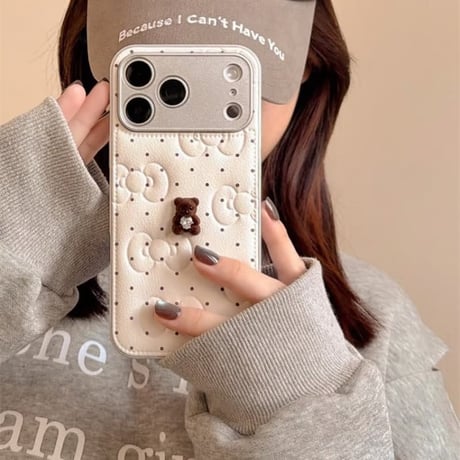 CUTECASE 熊デコ iPhone17/17Proケース リボン 皮っぽ iPhone17promax/16Pro/15ケース カメラカバー付 大人可愛い CM5911