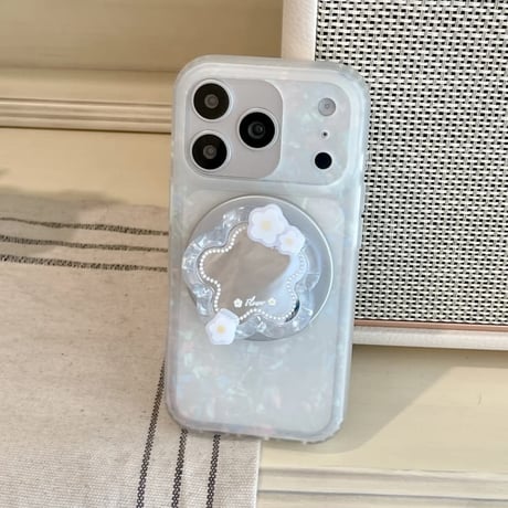 CUTECASE 花型ミラーグリップ iPhone17Pro/17ケース MagSafe対応 シェル風 iPhone16Pro/15/14ケース 淡色系 ガーリーファッションCM6255