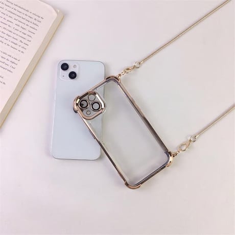 CUTECASE ショルダーチェーン付 iPhone16Pro/17ケース 四角耐衝撃 iPhone16ProMax/15Pro/14カバー メタリックゴールド高級感 丈夫CM5526