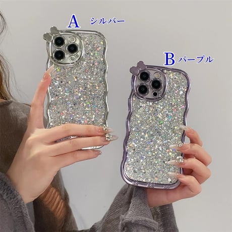 CUTECASEうねうねキラキラ iPhone16/16Proケース リボンデコ iPhone15Pro/14/13カバー グリッター入り 女子力UP CM4788