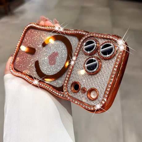 うねうねジュエリーライン iPhone17Pro/17ケース MagSafe対応 ハート柄 iPhone16/15/14ケース ラグジュアリー感 メタリックカラー レンズ保護CM6311