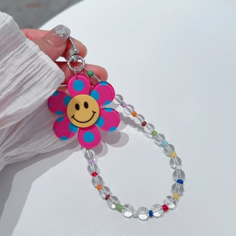 CUTECASE 水玉模様 笑顔の花 スマホストラップ キラキラ感 お洒落 バックチャーム キーホルダー iPhone、Xperia、AQUOS、Xiaomi、Galaxy 対応 CM6296