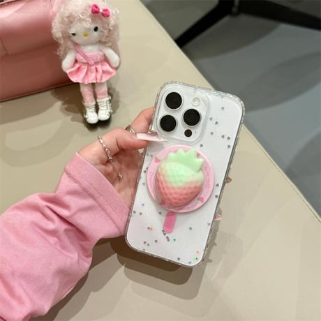 CUTECASEストロベリーグリップ iPhone16pro/16ケース マグネット ハートグリッター入り iPhone15promax/14/13proケース 多機能 女子力UP 可愛いCM5223