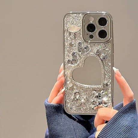 CUTECASEジュエリーハート鏡 iPhone15/15proケース リキラキラグリッター iPhone14promax/13pro/12ケース かわいい きれいCM4337