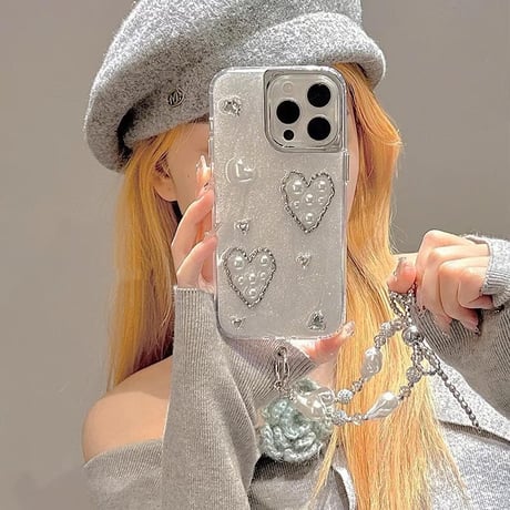 CUTECASEガールズに人気 iPhone15pro/15ケース パール/ハート ストラップ付 アイフォン14pro/13/12カバー 女子力高い トレンドCM4391