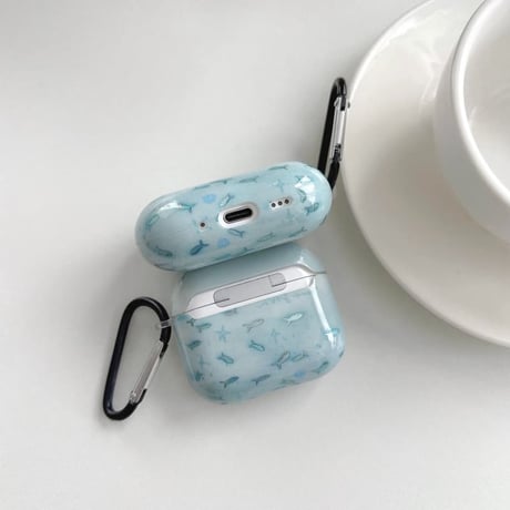 CUTECASE 海 魚 AirpodsPro3ケース グラデーションブルー Airpods4/3カバー AirpodsPro第2/1世代 カラビナ付き おしゃれCM6354
