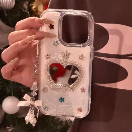 CUTECASEジュエリー鏡 iPhone16pro/16ケース パールリボンストラップ iphone15pro/14/13カバー 上品 可愛いCM5117