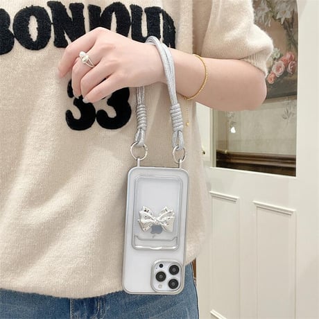 CUTECASE リボンカード入れ iPhone15pro/15promaxケース 短い/長いストラップ付 iPhone14pro/13/12カバー メッキ 便利 CM4387