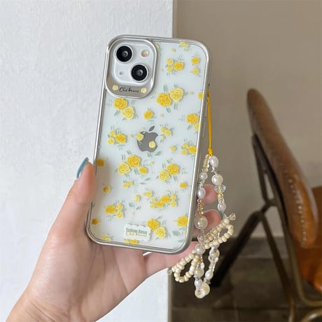 CUTECASE黄色薔薇柄 iPhone15/15proケース ストラップ付 iPhone14/13pro/12promaxケース かわいい きれいCM4471