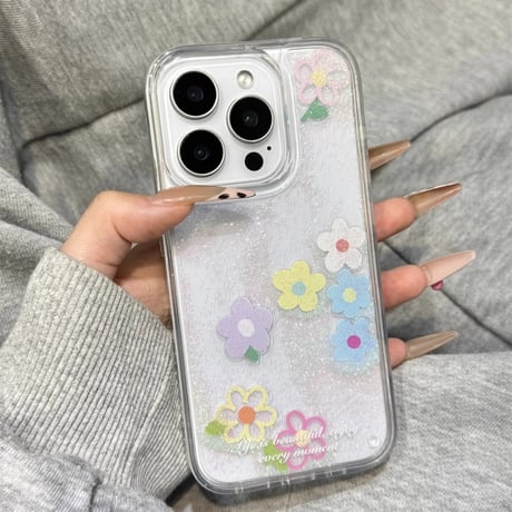 CUTECASE 動く花 iPhone16/16proケース 液体ラメ入り iPhone15/14pro/13promaxカバー 丈夫 ストレス発散 ギフトにおすすめ CM5416