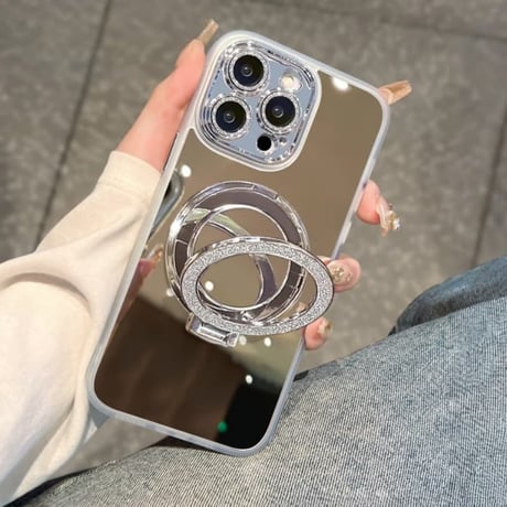 CUTECASE ミラー iPhone17Pro/17ケース 鏡スタンドリング付 iPhone17ProMax/16Pro/15カバー キラキラカメラカバー付 艶感 オシャレ CM5934