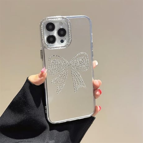 CUTECASEダイヤリボン/鹿 ミラーiPhone16/16proケース パールジュエリーストラップ付 iPhone15promax/14/13カバー おしゃれ CM5450