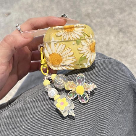 CUTECASE AirpodsPro3ケース 花柄 Airpods4/3/Pro2ケース キーホルダー付き イェロー うねうね 可愛いCM5668