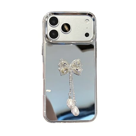 CUTECASE ダイヤリボンフリンジ ミラー iPhone17Pro/17eケース オシャレ iPhone16/15pro/SE3/14/13カバー 光沢感 綺麗 CM6468